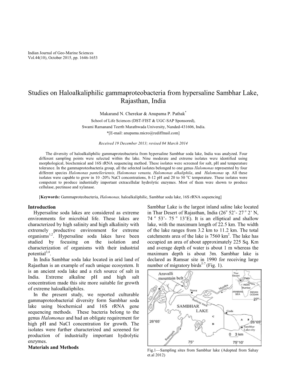Studies on Haloalkaliphilic Gammaproteobacteria from Hypersaline Sambhar Lake, Rajasthan, India