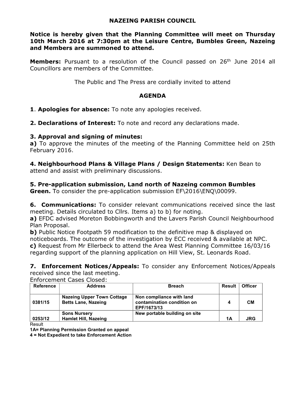NAZEING PARISH COUNCIL Notice Is Hereby Given That the Planning
