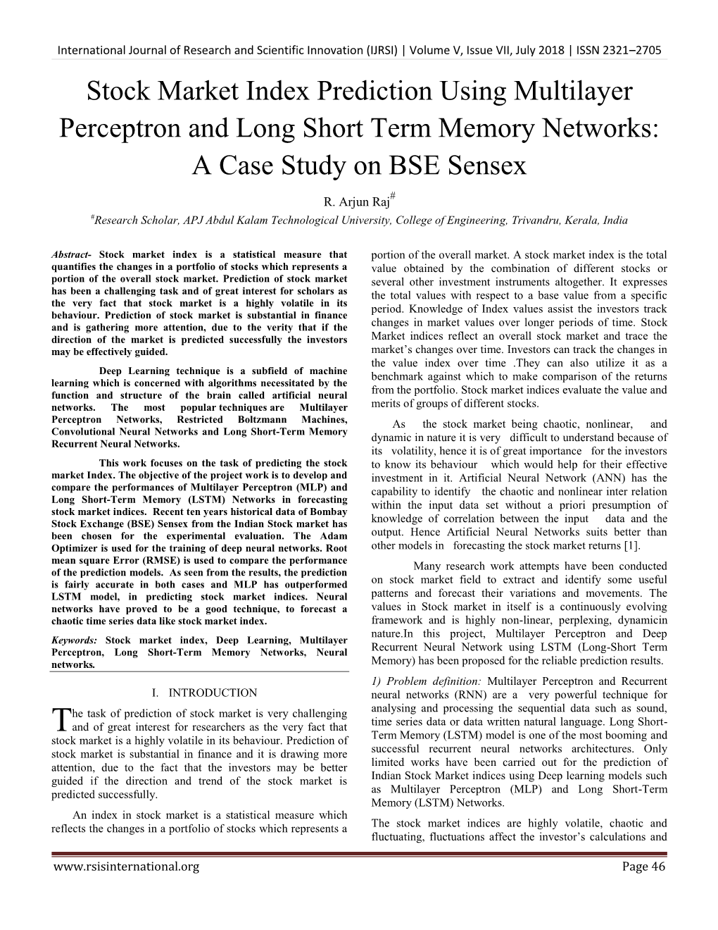 Stock Market Index Prediction Using Multilayer Perceptron and Long Short Term Memory Networks: a Case Study on BSE Sensex