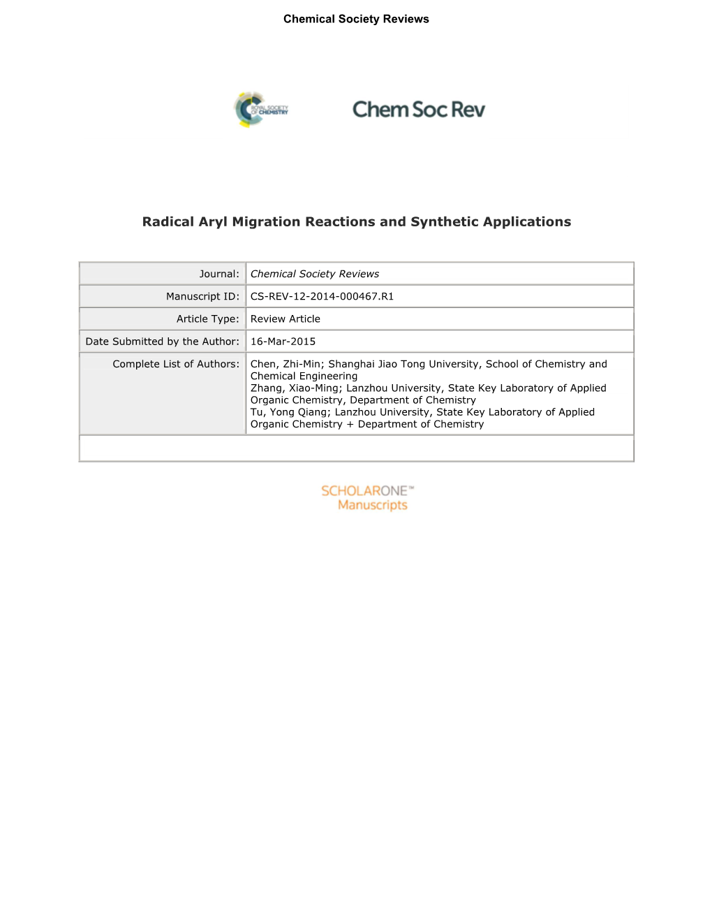 Radical Aryl Migration Reactions and Synthetic Applications