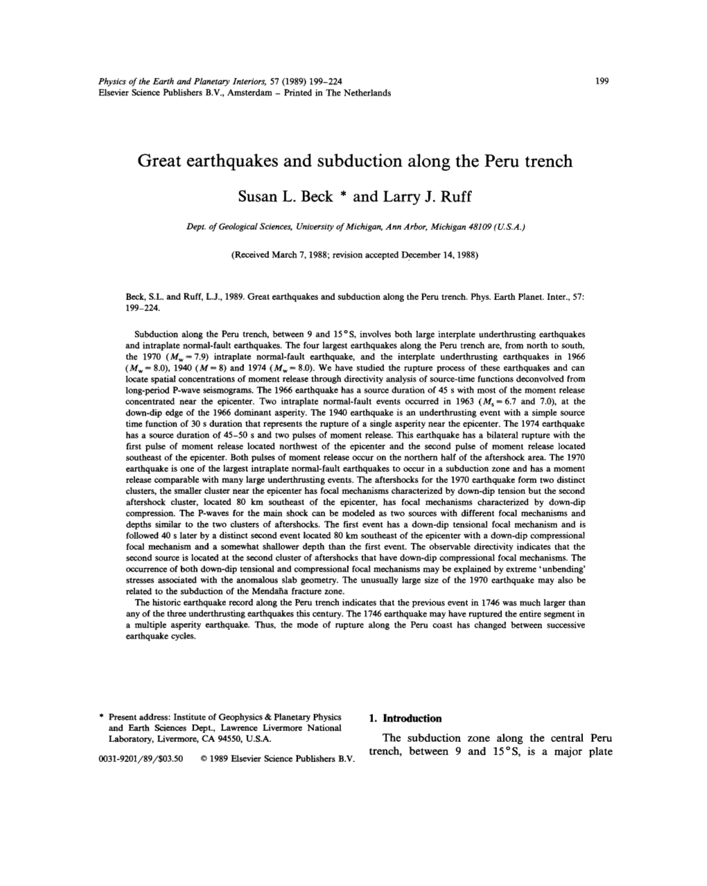 Great Earthquakes and Subduction Along the Peru Trench Susan L