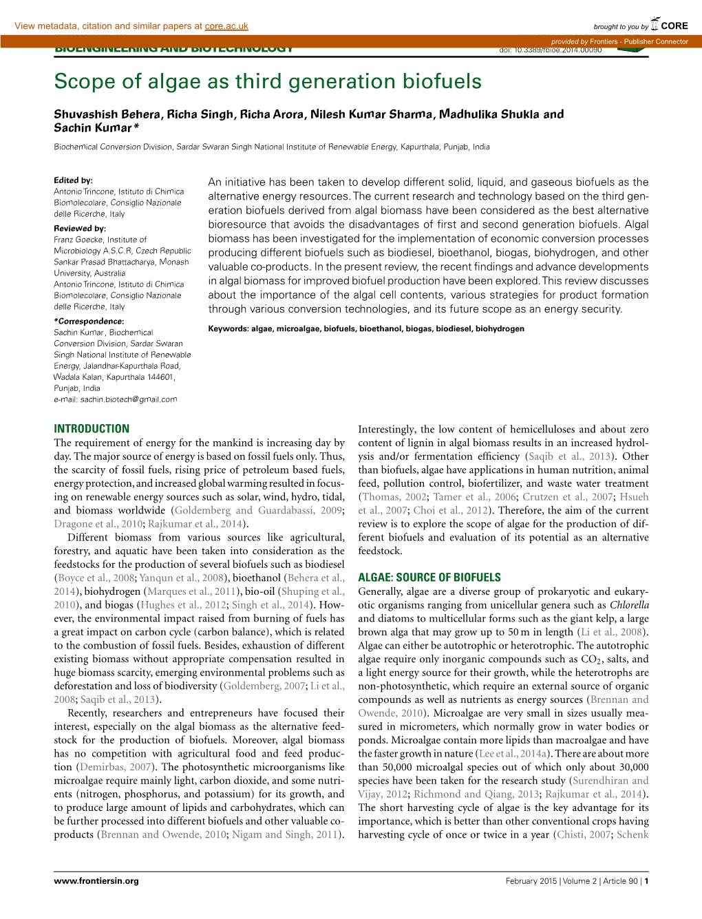 Scope of Algae As Third Generation Biofuels