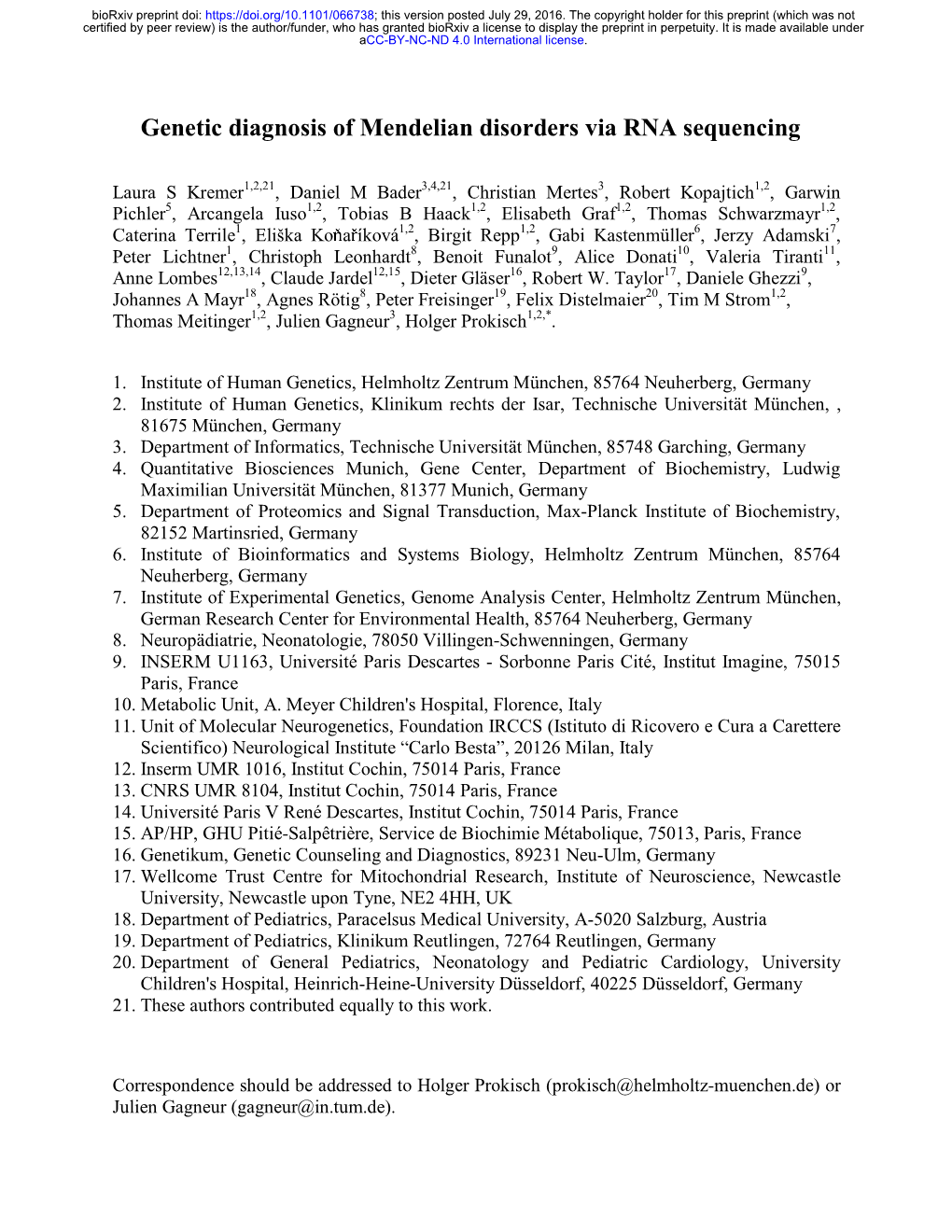 Genetic Diagnosis of Mendelian Disorders Via RNA Sequencing