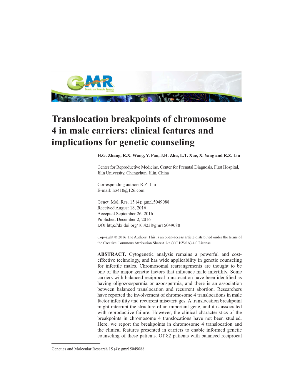 Translocation Breakpoints of Chromosome 4 in Male Carriers: Clinical Features and Implications for Genetic Counseling