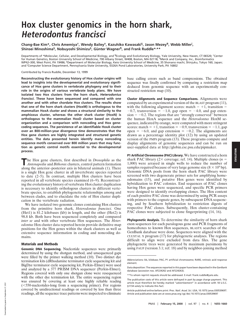 Hox Cluster Genomics in the Horn Shark, Heterodontus Francisci