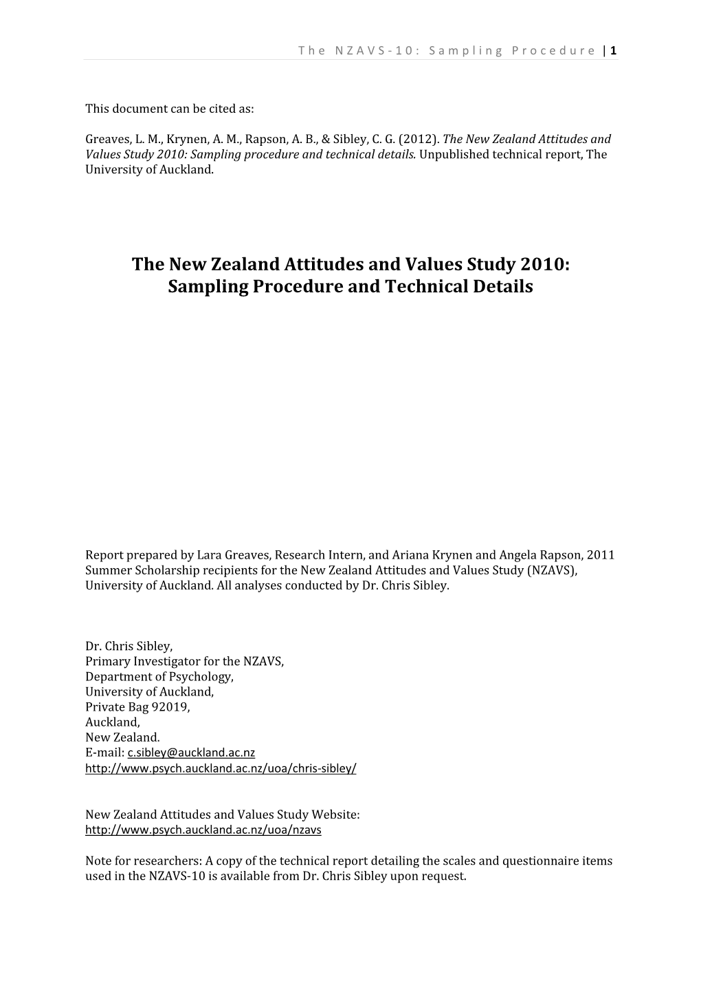 The New Zealand Attitudes and Values Study 2010: Sampling Procedure and Technical Details