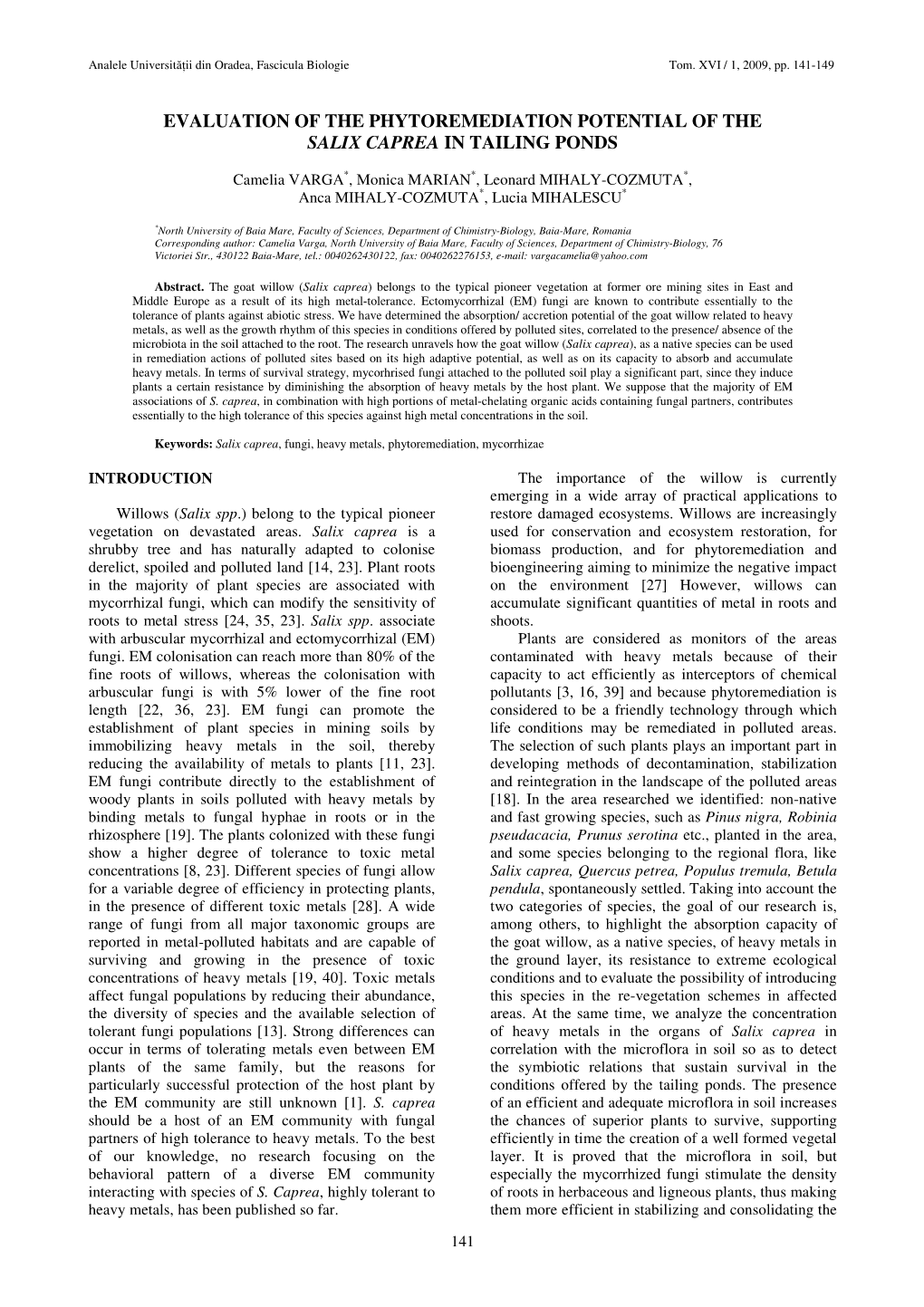 Evaluation of the Phytoremediation Potential of the Salix Caprea in Tailing Ponds