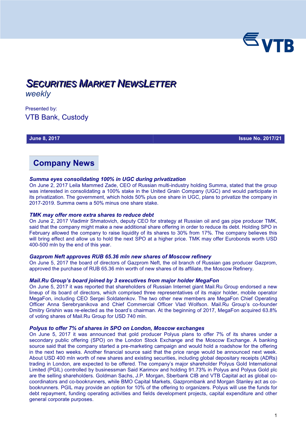 Company News SECURITIES MARKET NEWS