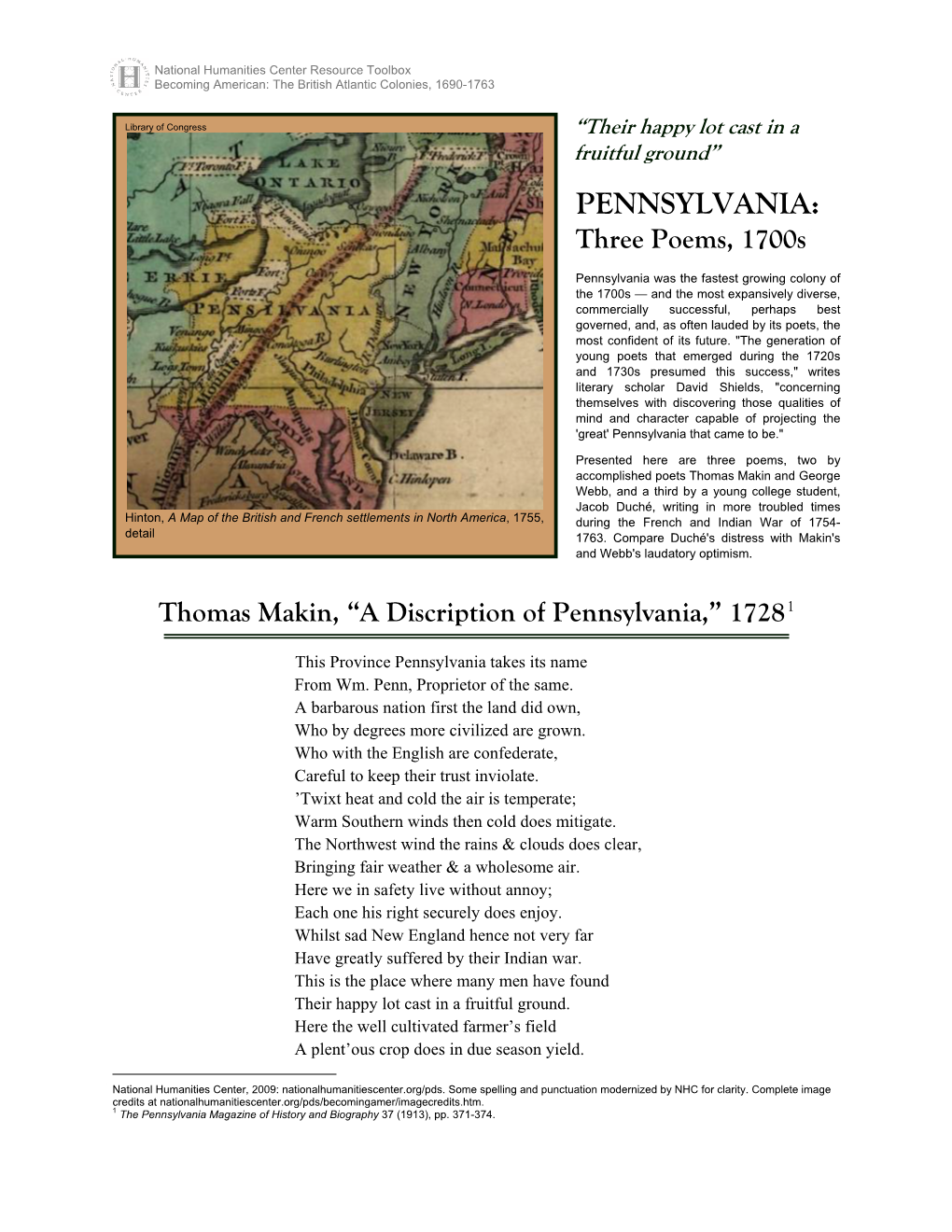 Pennsylvania: Poets' Descriptions, Mid 1700S