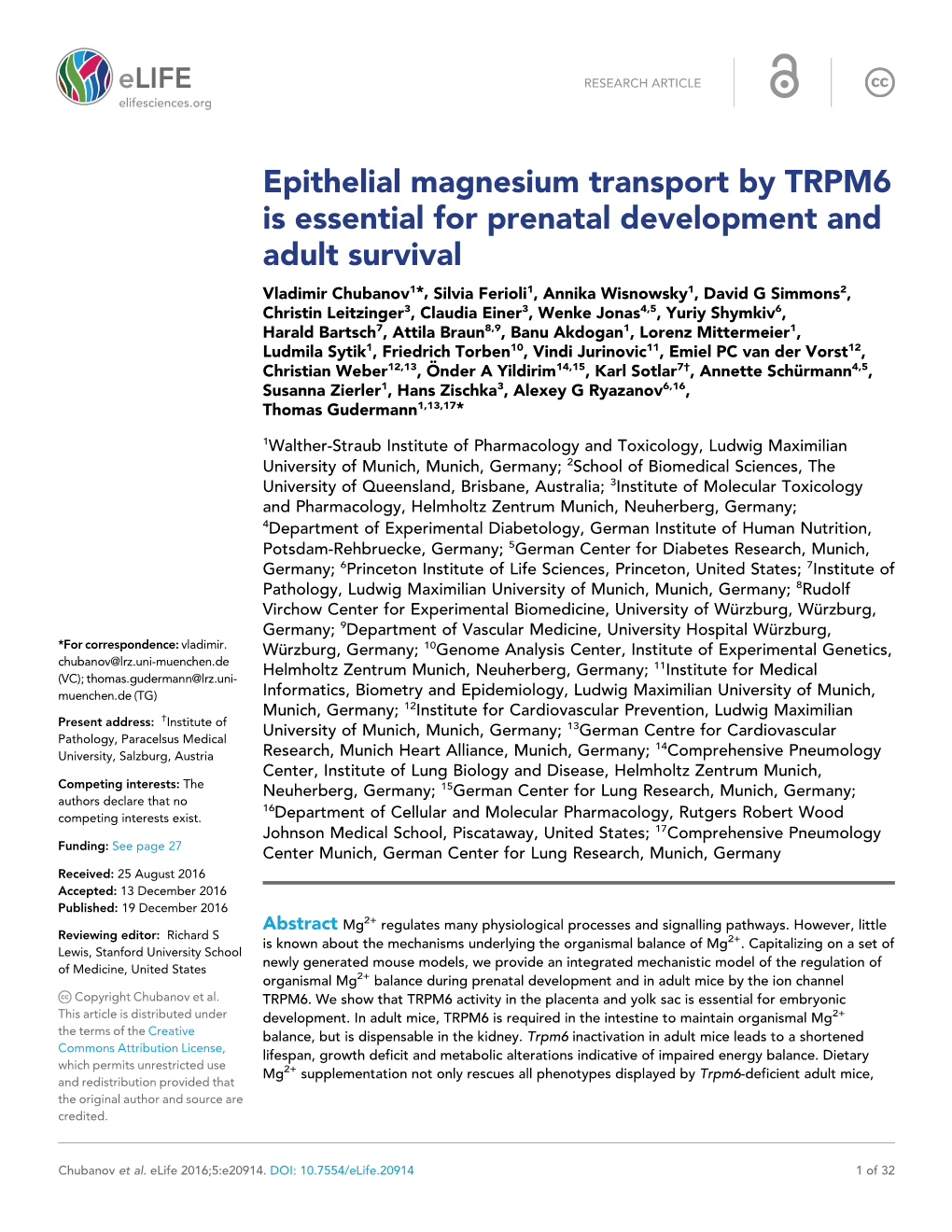 Epithelial Magnesium Transport by TRPM6 Is Essential for Prenatal