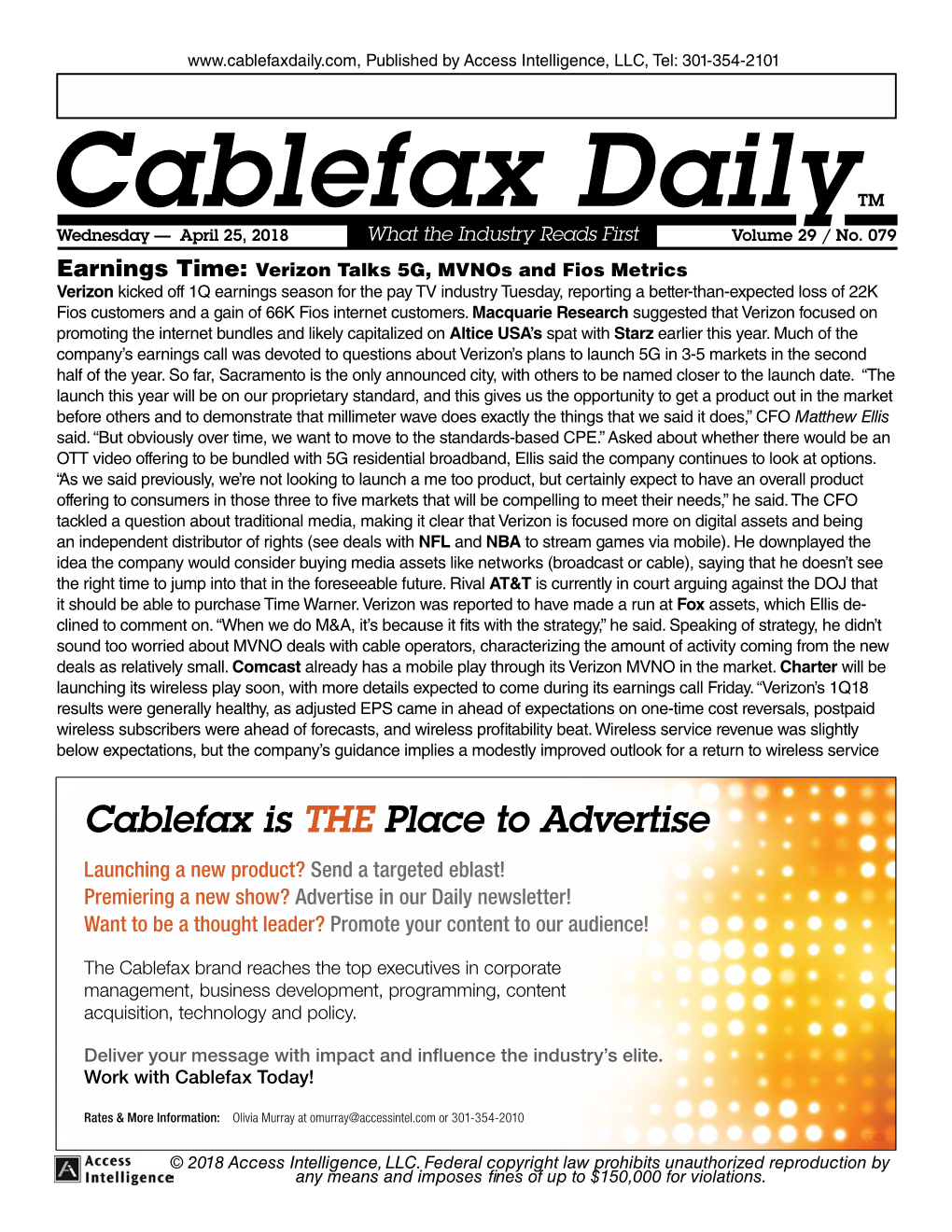 Cablefax Dailytm Wednesday — April 25, 2018 What the Industry Reads First Volume 29 / No