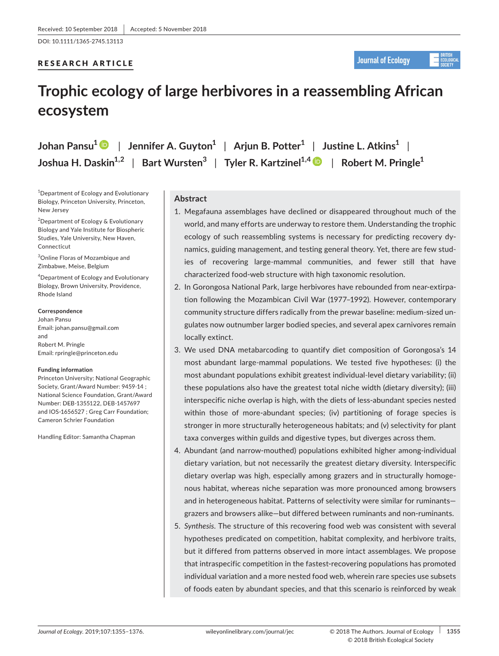 Trophic Ecology of Large Herbivores in a Reassembling African Ecosystem