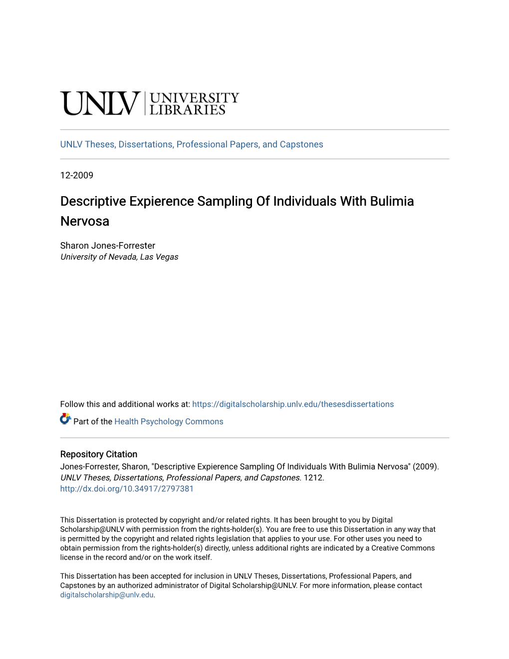 Descriptive Expierence Sampling of Individuals with Bulimia Nervosa