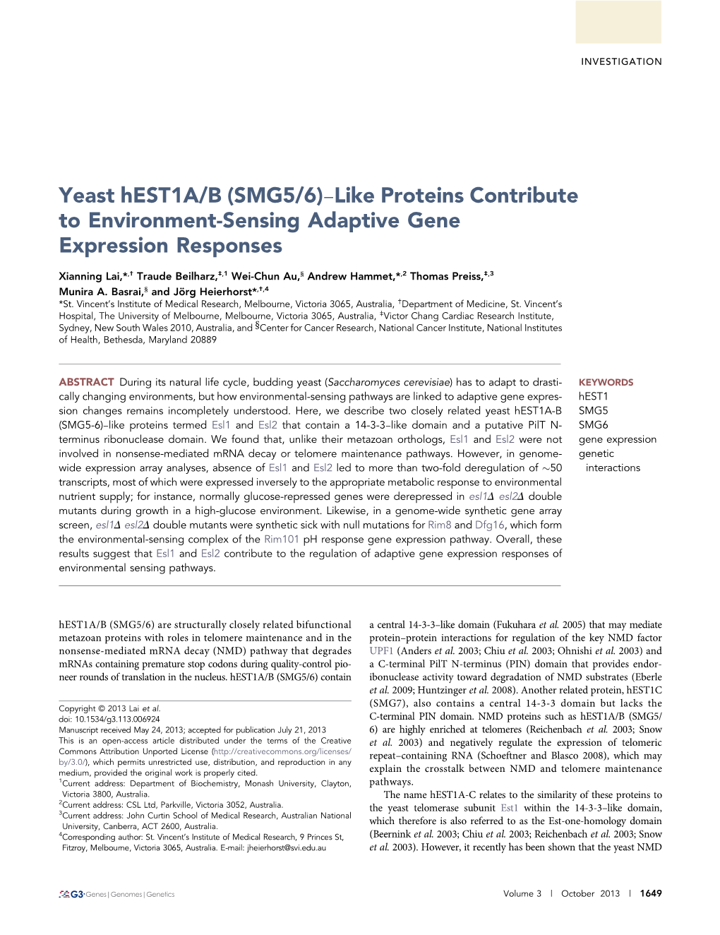 Yeast Hest1a/B (SMG5/6)–Like Proteins Contribute to Environment-Sensing Adaptive Gene Expression Responses