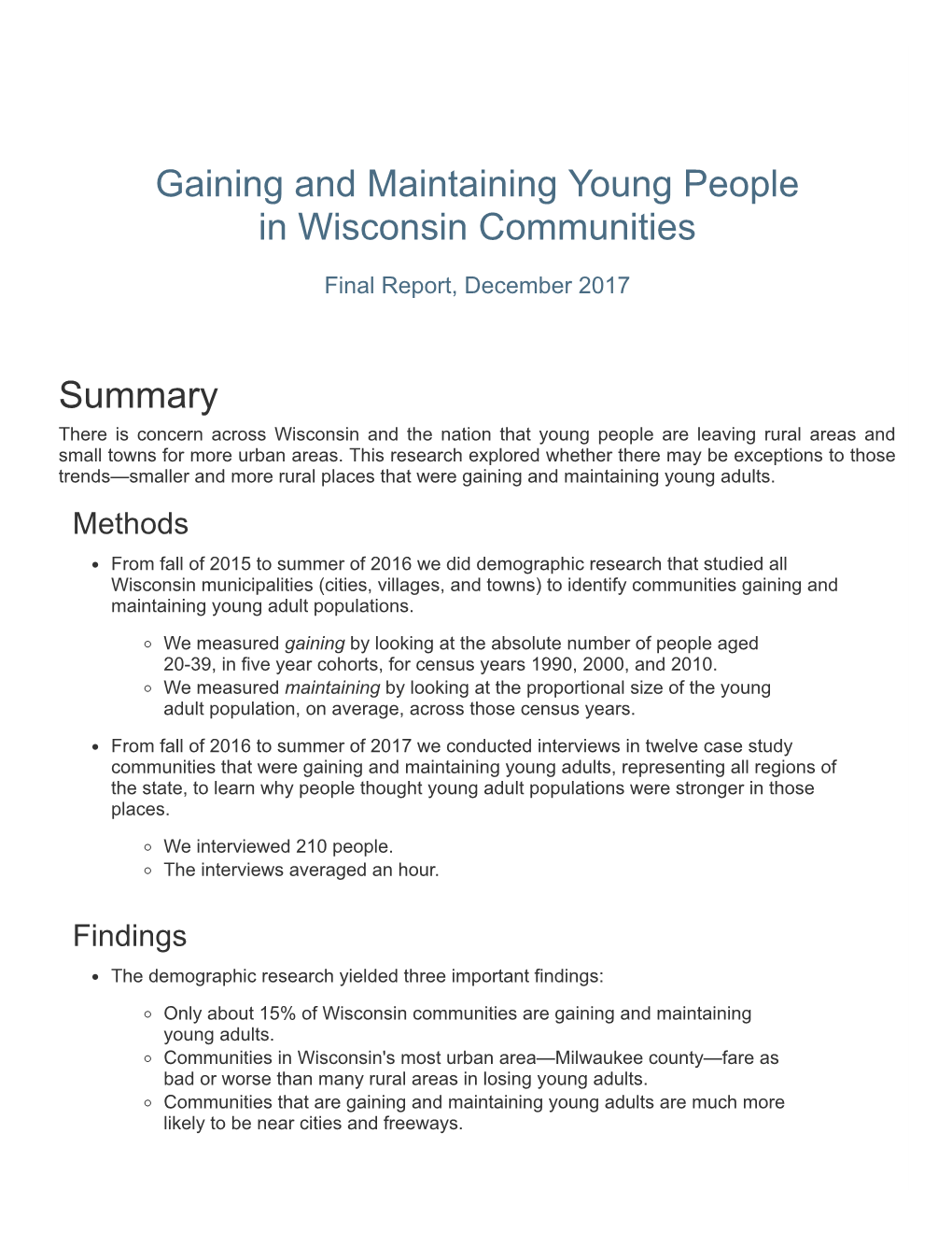 Gaining and Maintaining Young People in Wisconsin Communities