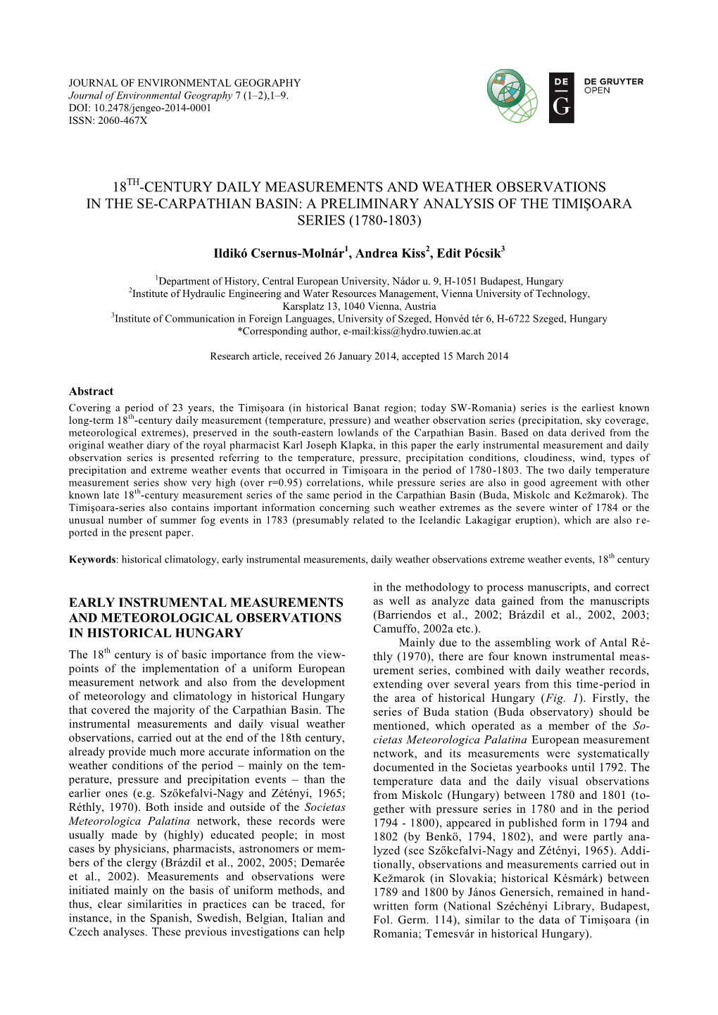 Century Daily Measurements and Weather Observations in the Se-Carpathian Basin: a Preliminary Analysis of the Timişoara Series (1780-1803)