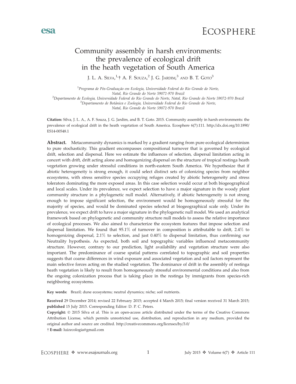 The Prevalence of Ecological Drift in the Heath Vegetation of South America 1, 2 3 3 J