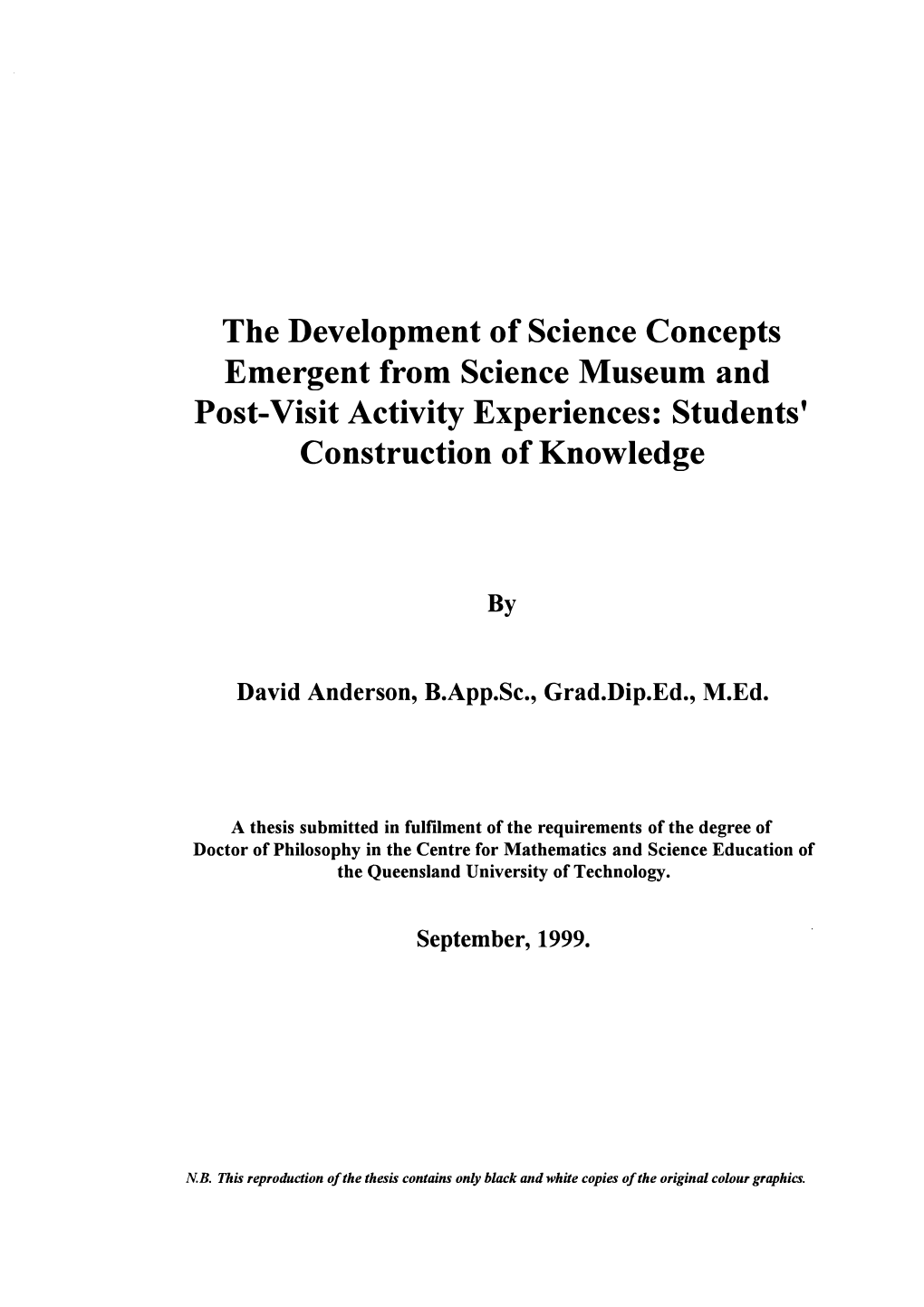 The Development of Science Concepts Emergent from Science Museum and Post-Visit Activity Experiences: Students' Construction of Knowledge