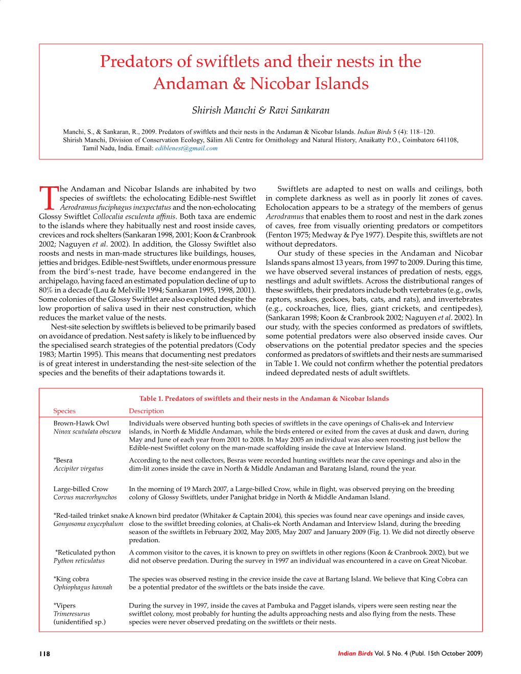 Predators of Swiftlets and Their Nests in the Andaman & Nicobar Islands