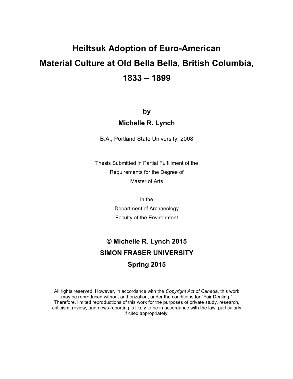 Heiltsuk Adoption of Euro-American Material Culture at Old Bella Bella, British Columbia, 1833 – 1899