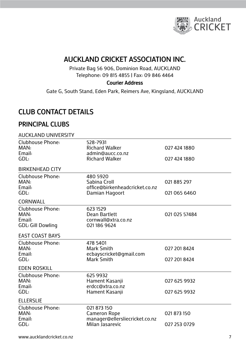 Auckland Cricket Association Inc. Club Contact Details