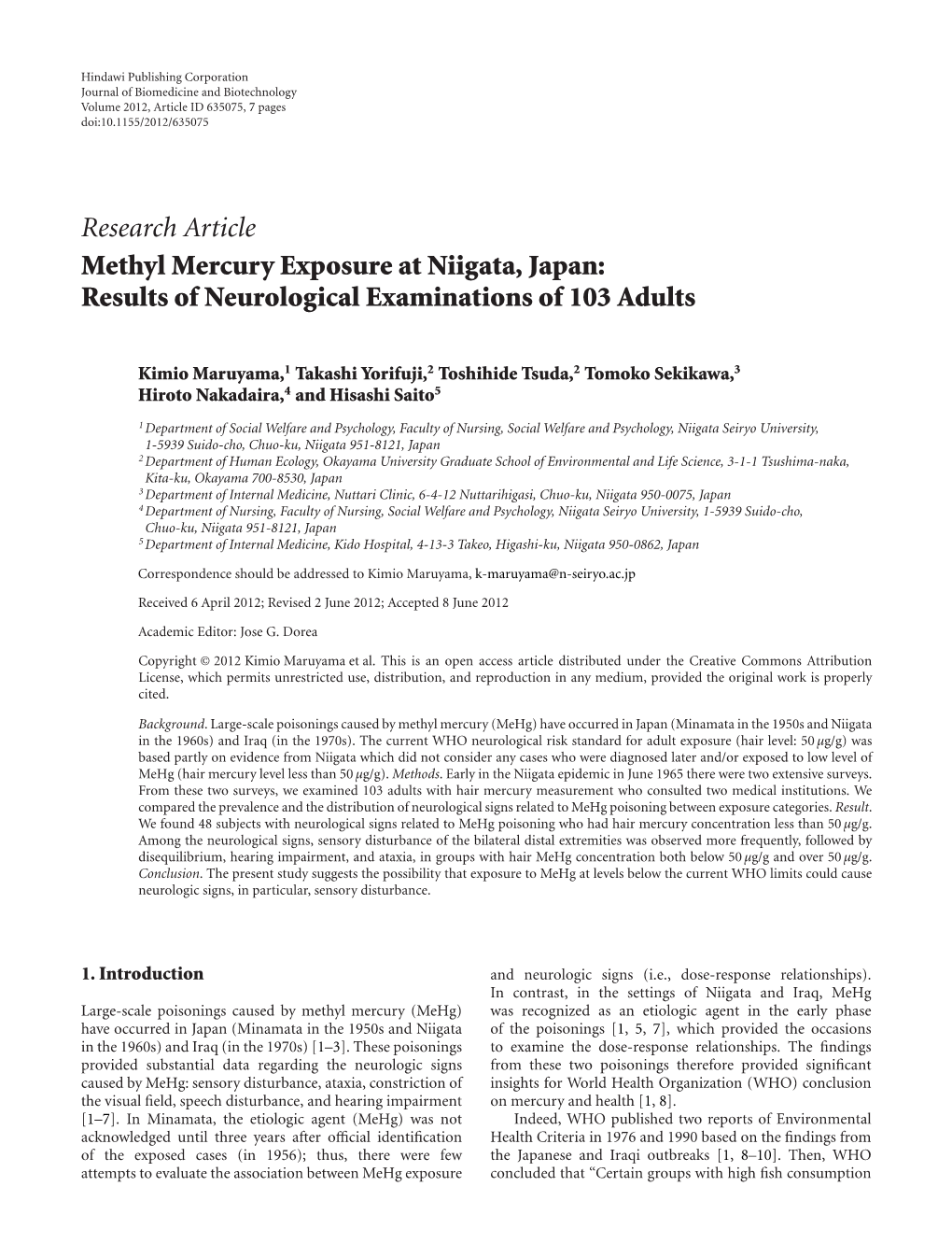 Research Article Methyl Mercury Exposure at Niigata, Japan: Results of Neurological Examinations of 103 Adults