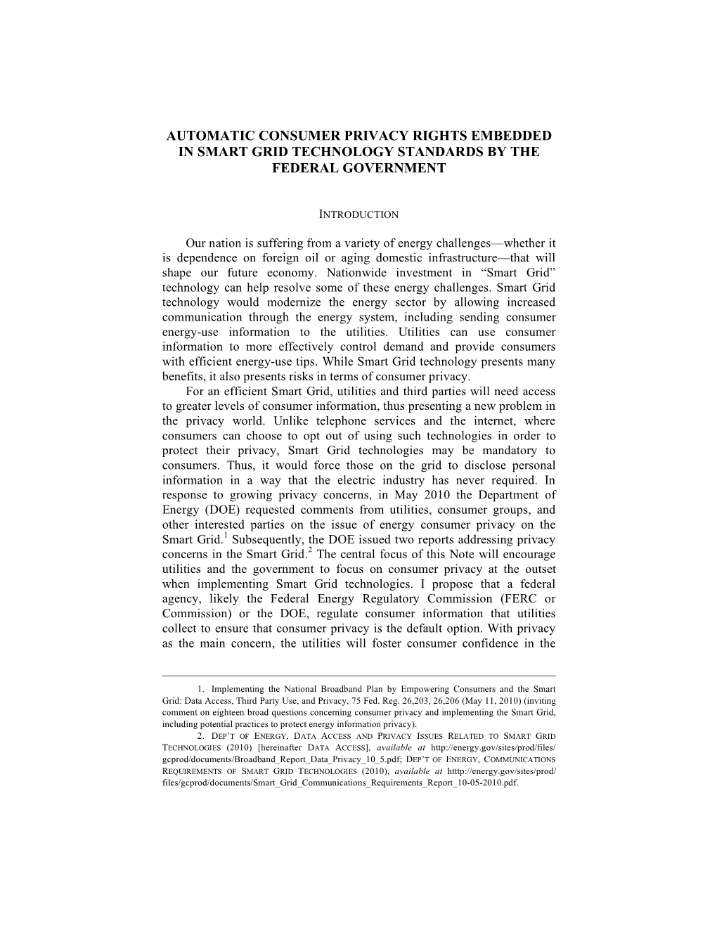 Automatic Consumer Privacy Rights Embedded in Smart Grid Technology Standards by the Federal Government