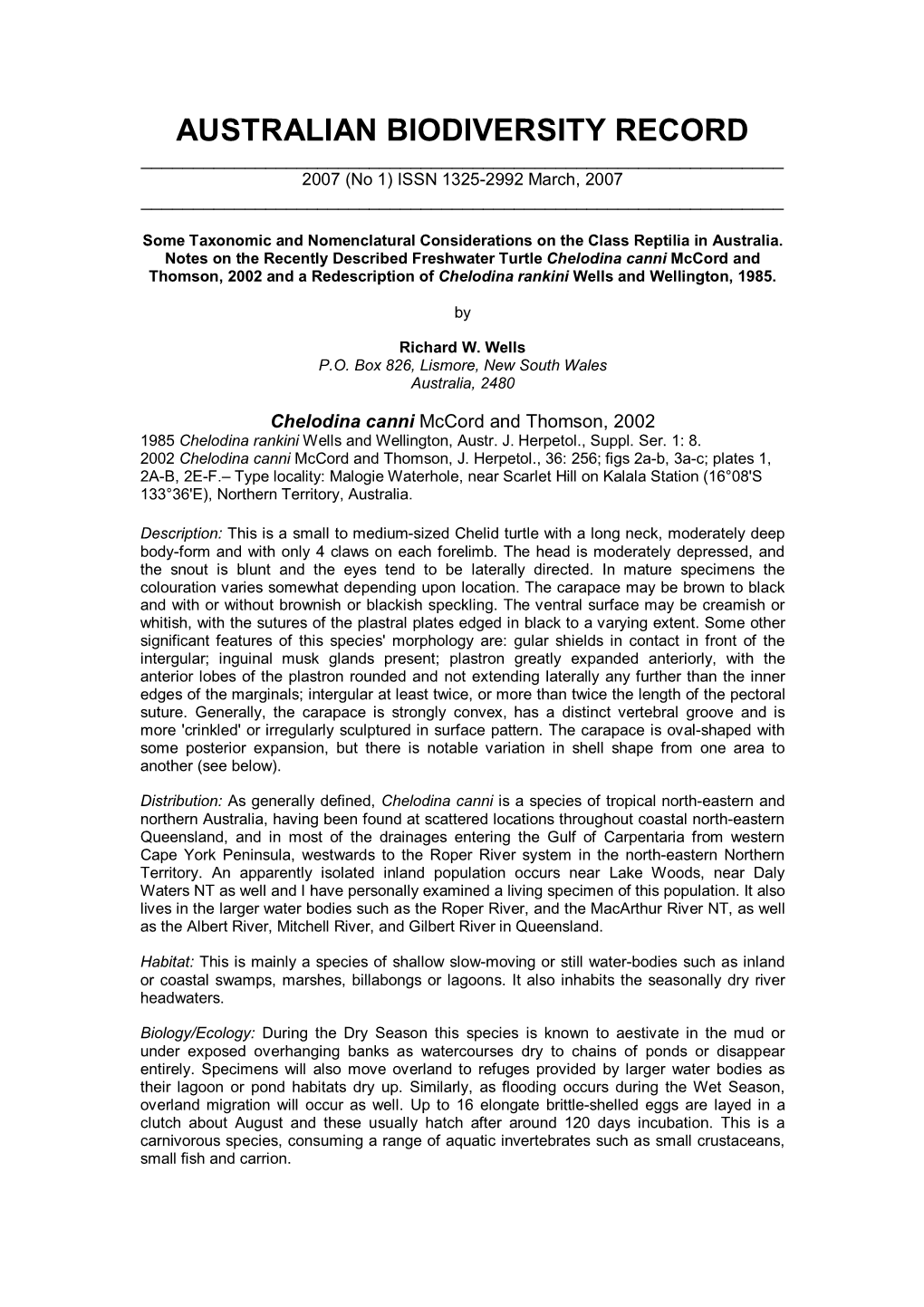 AUSTRALIAN BIODIVERSITY RECORD ______2007 (No 1) ISSN 1325-2992 March, 2007 ______