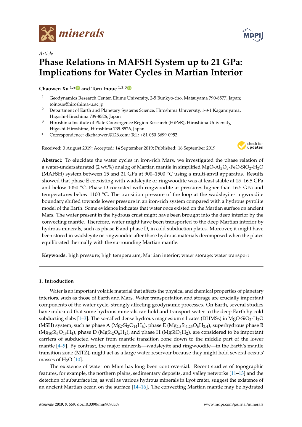 Phase Relations in MAFSH System up to 21 Gpa: Implications for Water Cycles in Martian Interior