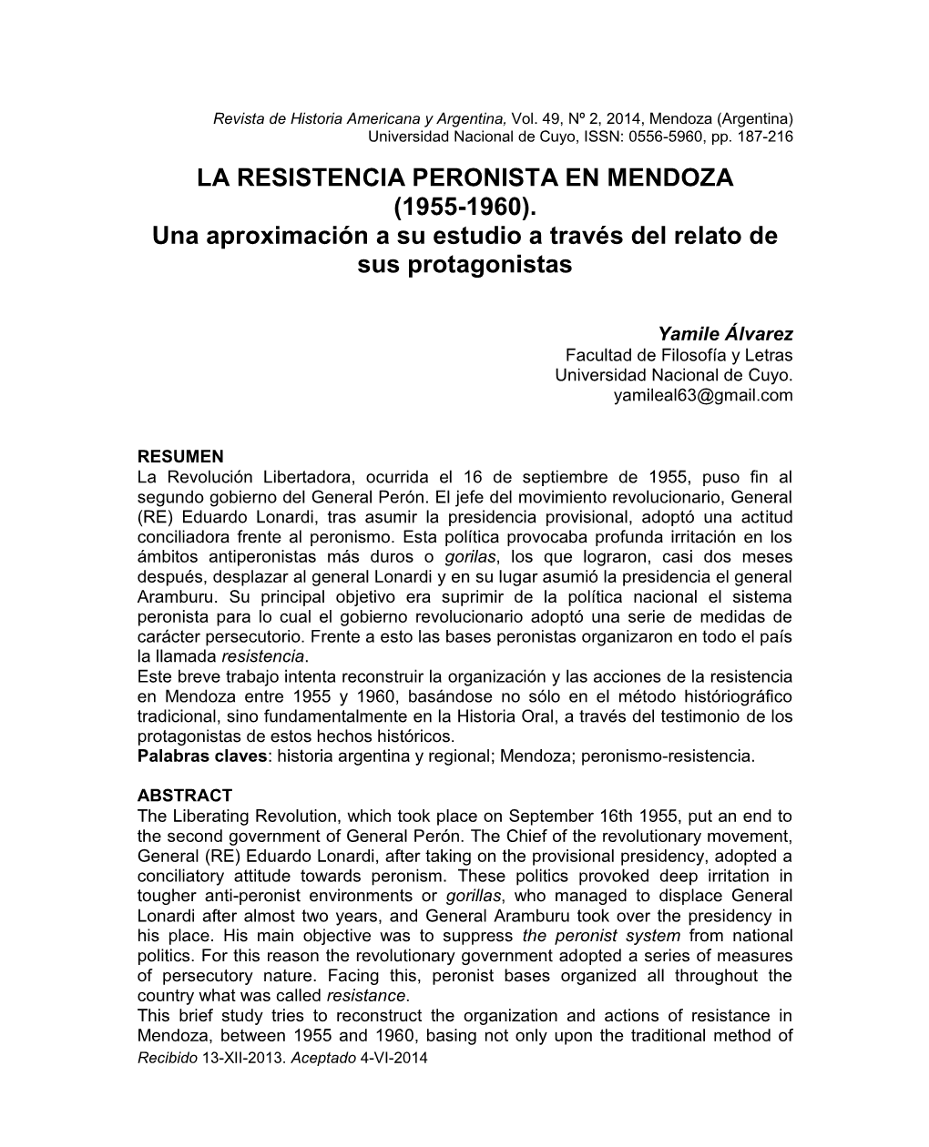 La Resistencia Peronista En Mendoza (1955-1960)
