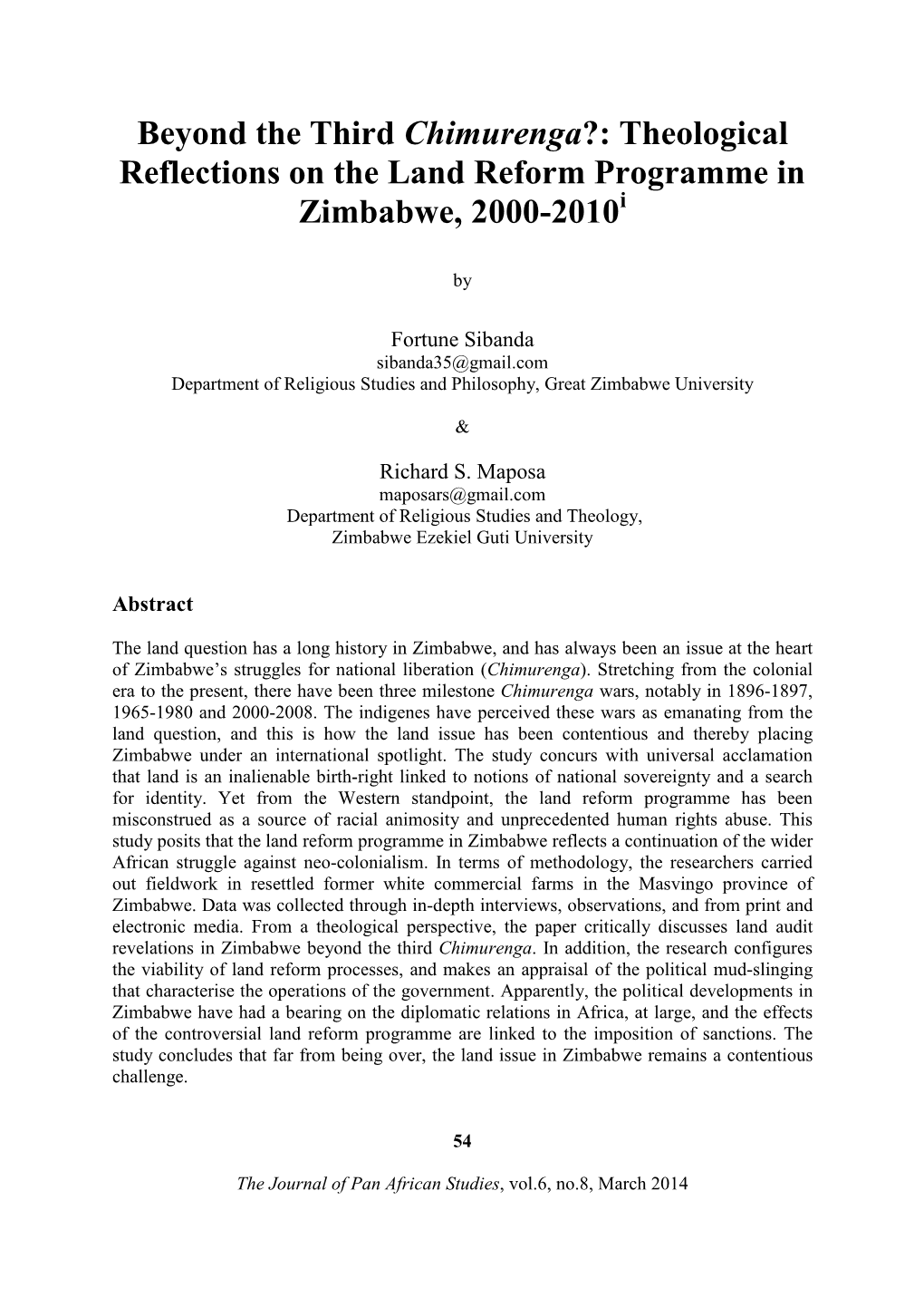 Beyond the Third Chimurenga?: Theological Reflections on the Land Reform Programme in Zimbabwe, 2000-2010I