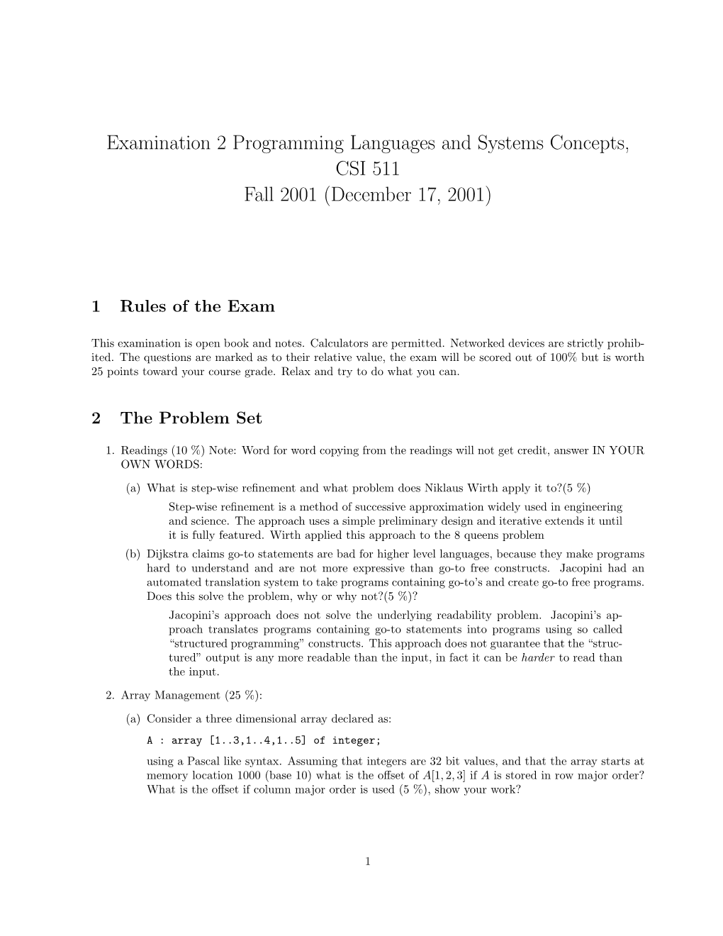 Ination 2 Programming Languages and Systems Concepts, CSI 511 Fall 2001 (December 17, 2001)
