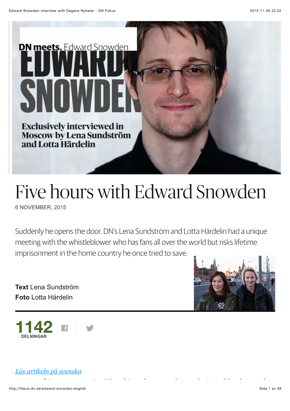 Edward Snowden Interview with Dagens Nyheter - DN Fokus 2015-11-06 22:22