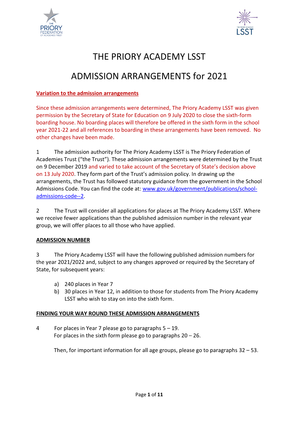 THE PRIORY ACADEMY LSST ADMISSION ARRANGEMENTS For