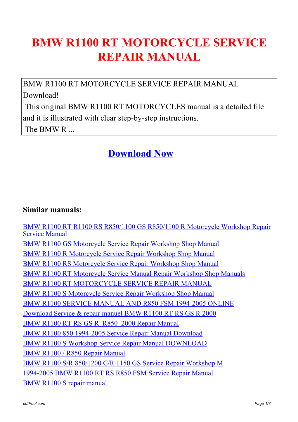 Bmw R1100 Rt Motorcycle Service Repair Manual