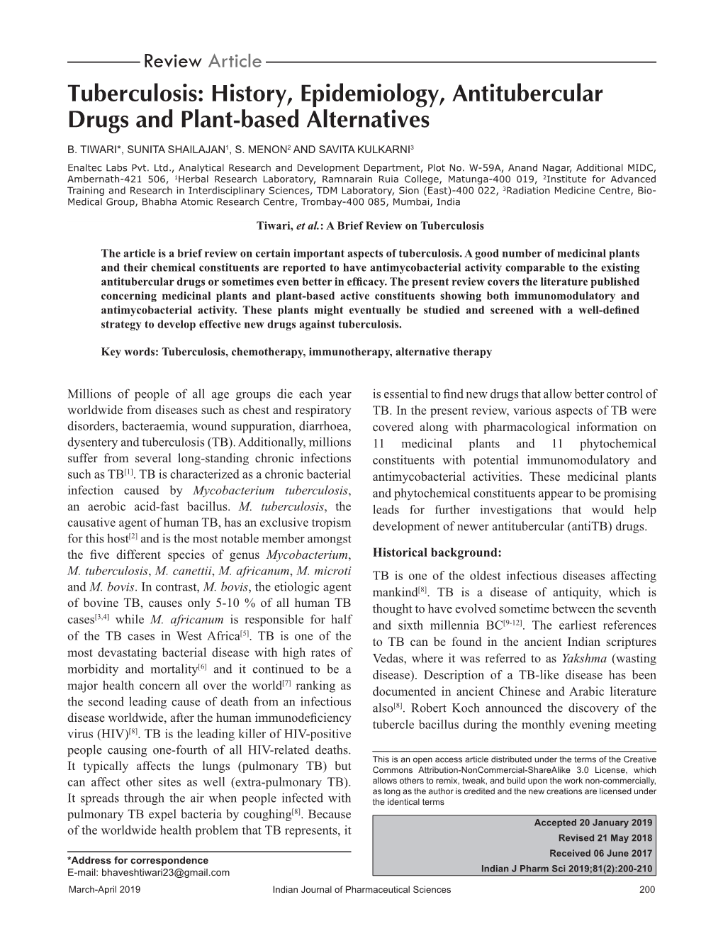 Tuberculosis: History, Epidemiology, Antitubercular Drugs and Plant-Based Alternatives