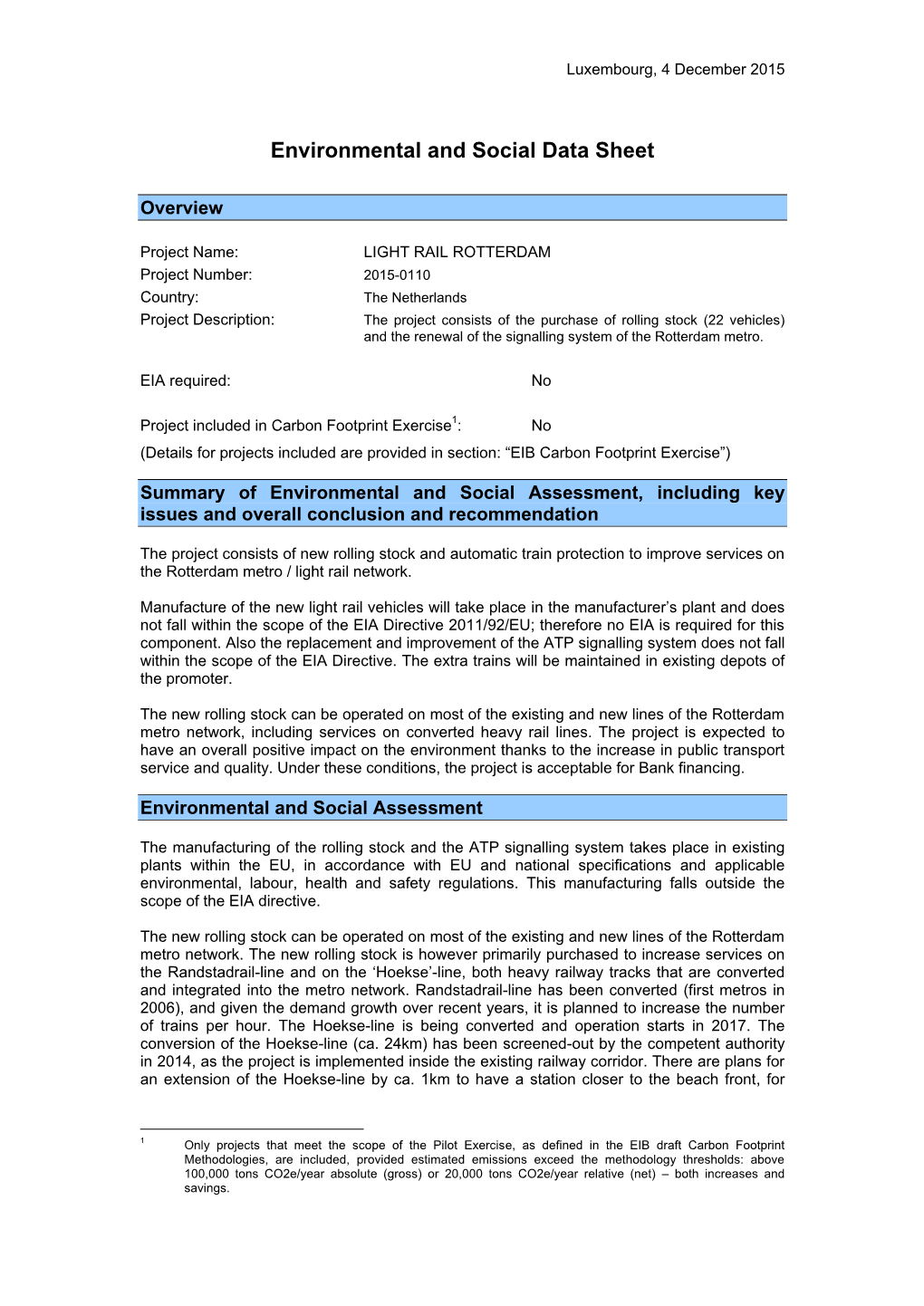 Environmental and Social Data Sheet