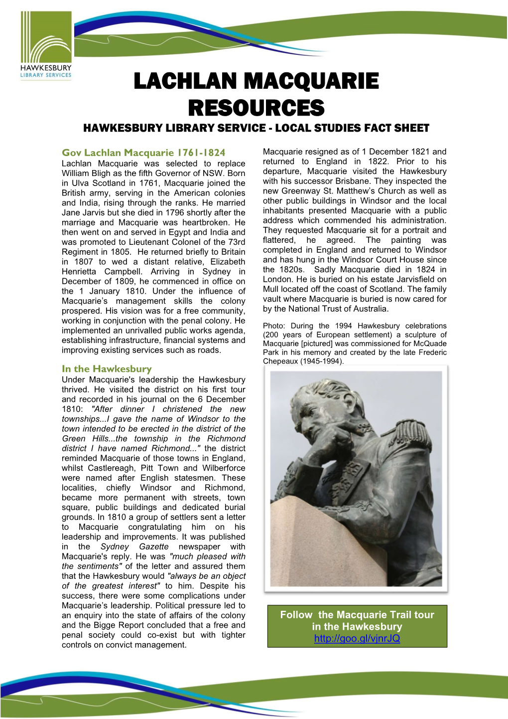 Lachlan Macquarie Resources Hawkesbury Library Service - Local Studies Fact Sheet