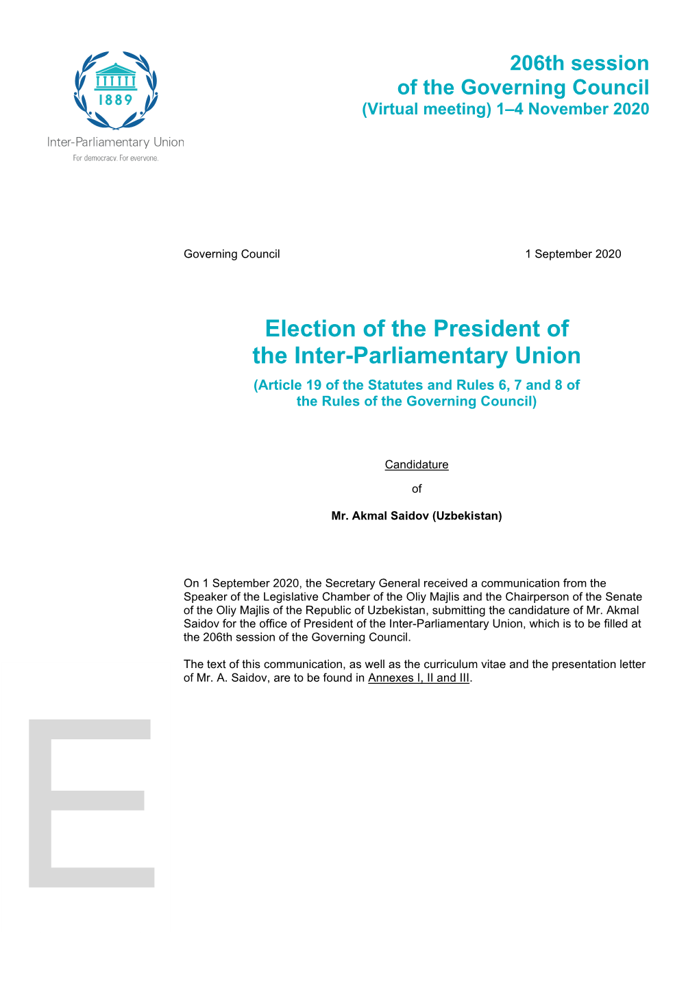 Election of the President of the Inter-Parliamentary Union