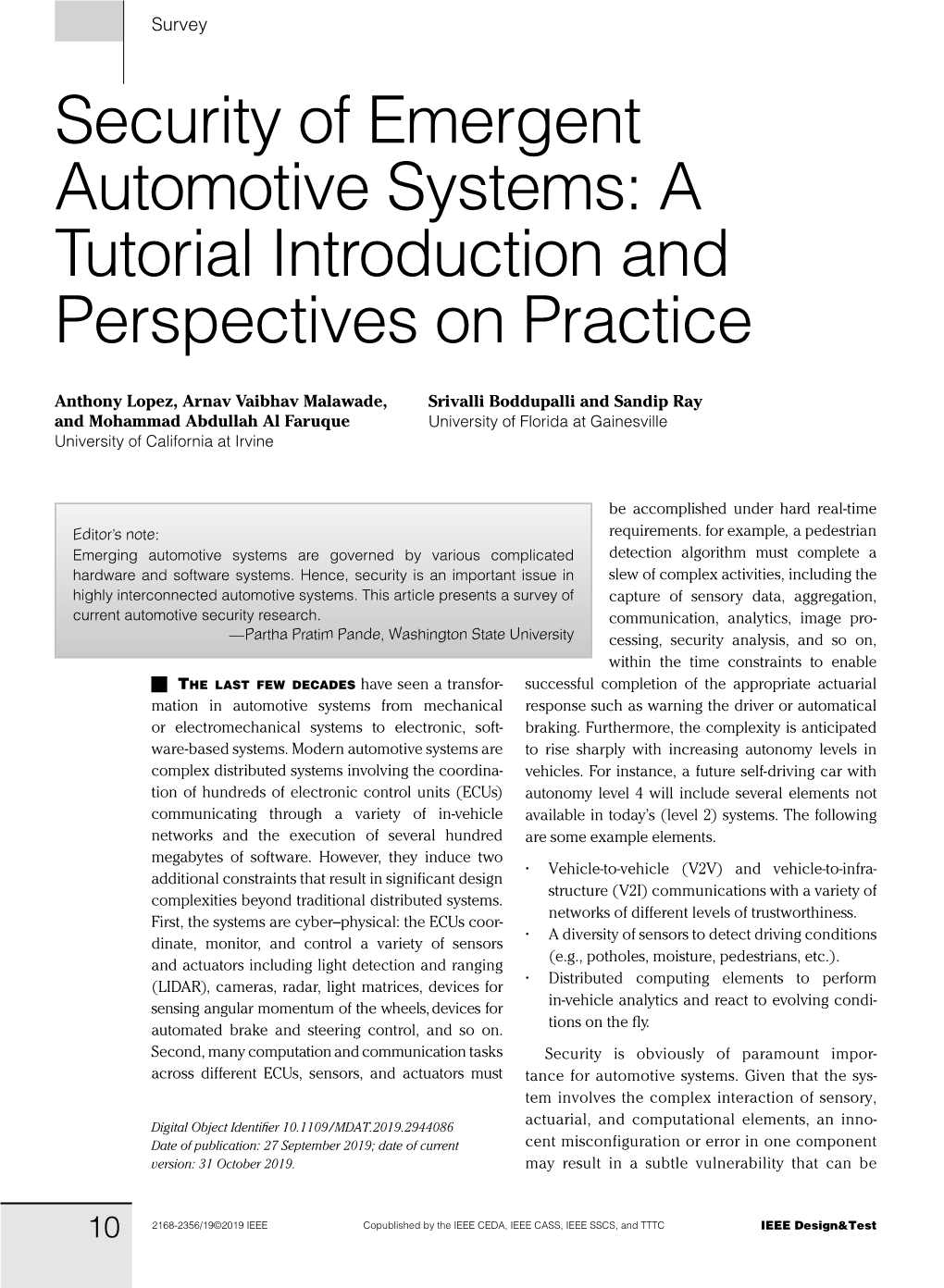 Security of Emergent Automotive Systems: a Tutorial Introduction and Perspectives on Practice