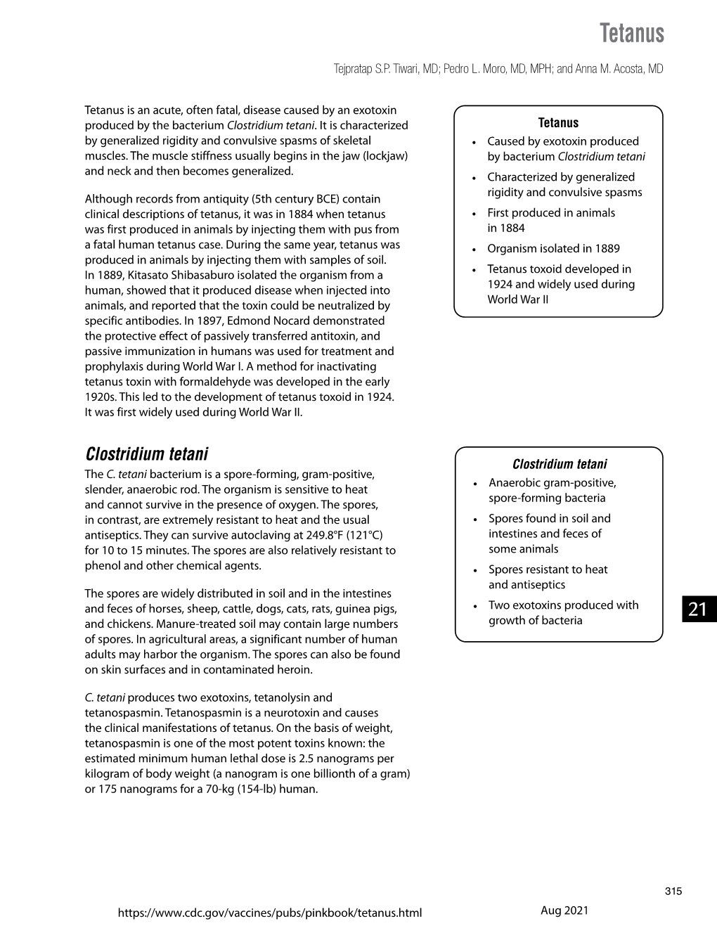 Chapter 21: Tetanus; Epidemiology and Prevention of Vaccine-Preventable Diseases 14TH Edition