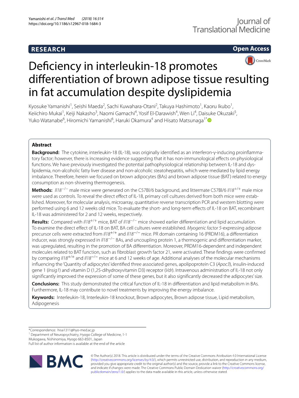 Deficiency in Interleukin-18 Promotes Differentiation of Brown Adipose