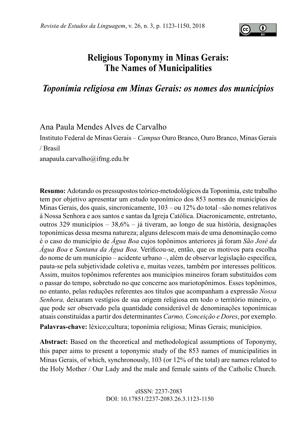 The Names of Municipalities Toponímia Religiosa Em Minas Gerais