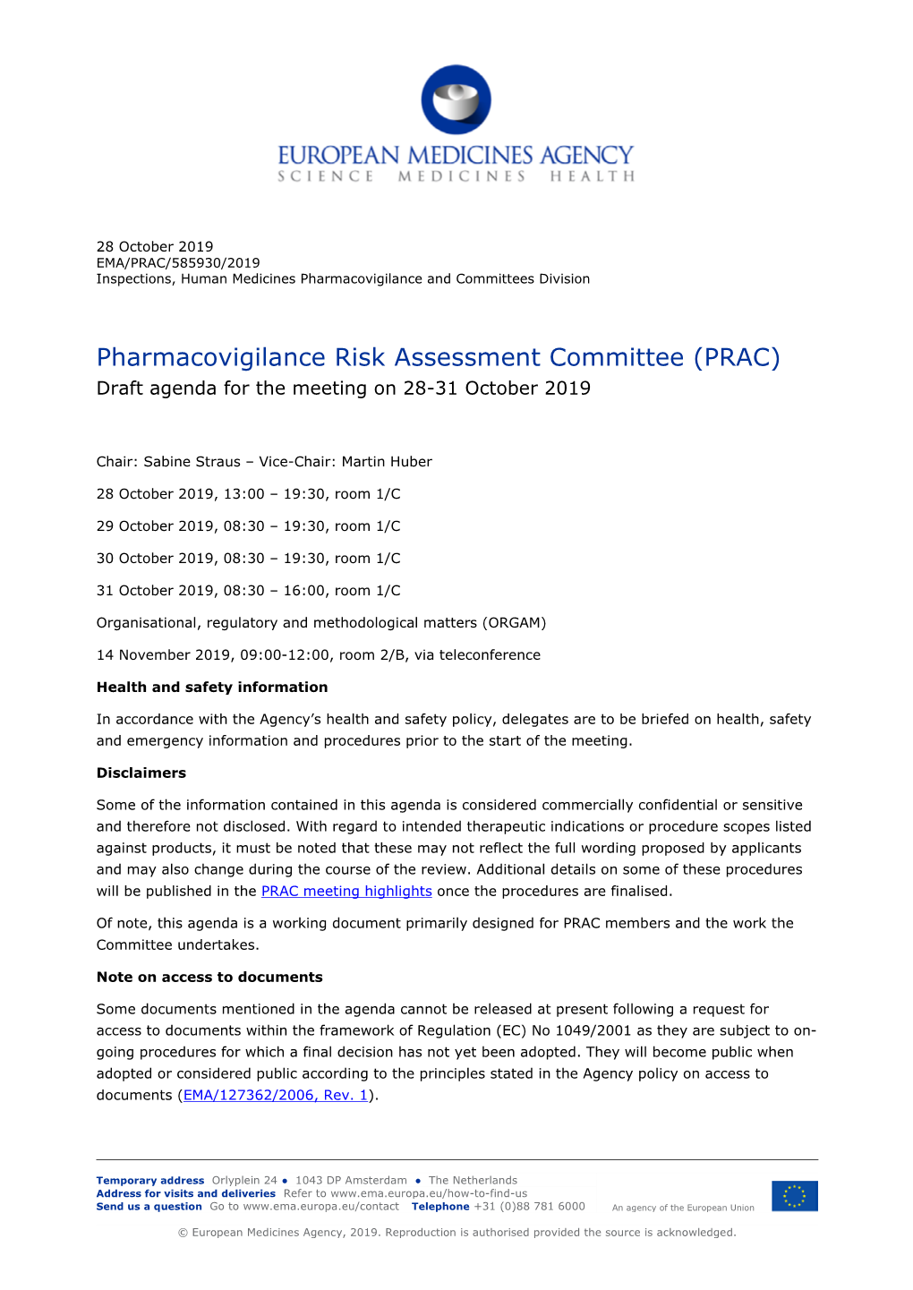 PRAC Draft Agenda of Meeting 28-31 October 2019