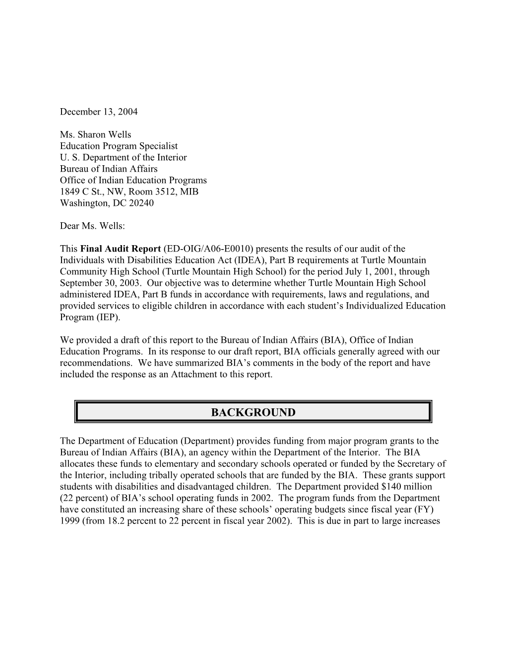 The Individuals with Disabilities Education Act (IDEA), Part B Requirements at Turtle Mountain