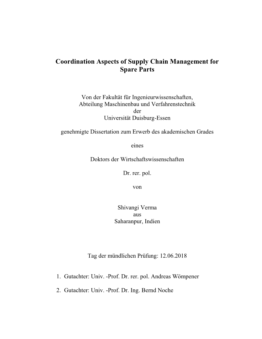 Coordination Aspects of Supply Chain Management for Spare Parts