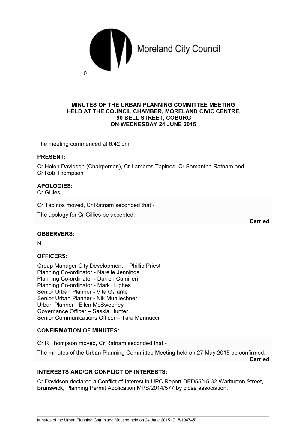 Minutes of Urban Planning Committee Meeting - 24 June 2015