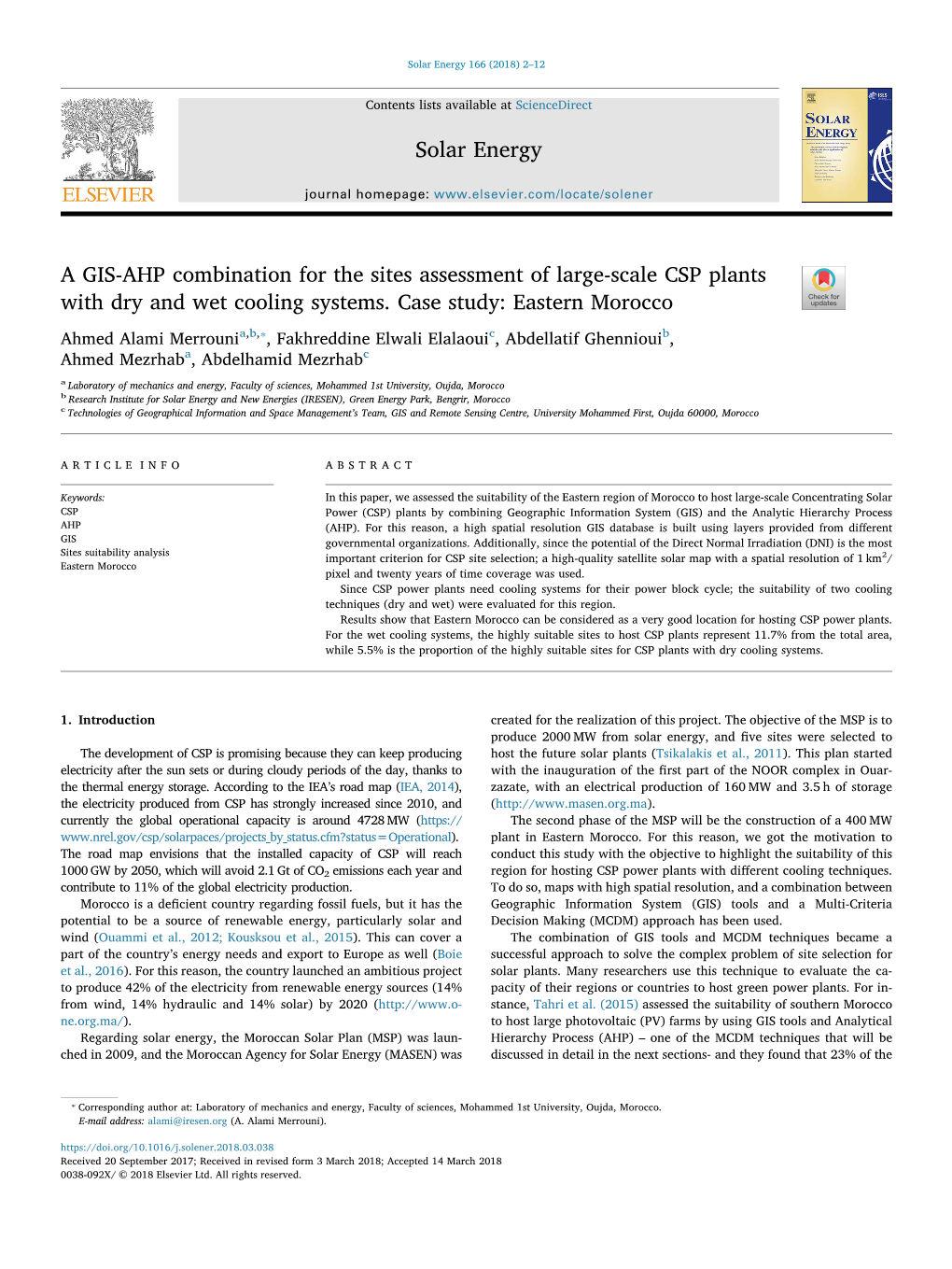 A GIS-AHP Combination for the Sites Assessment of Large-Scale CSP Plants 7 with Dry and Wet Cooling Systems
