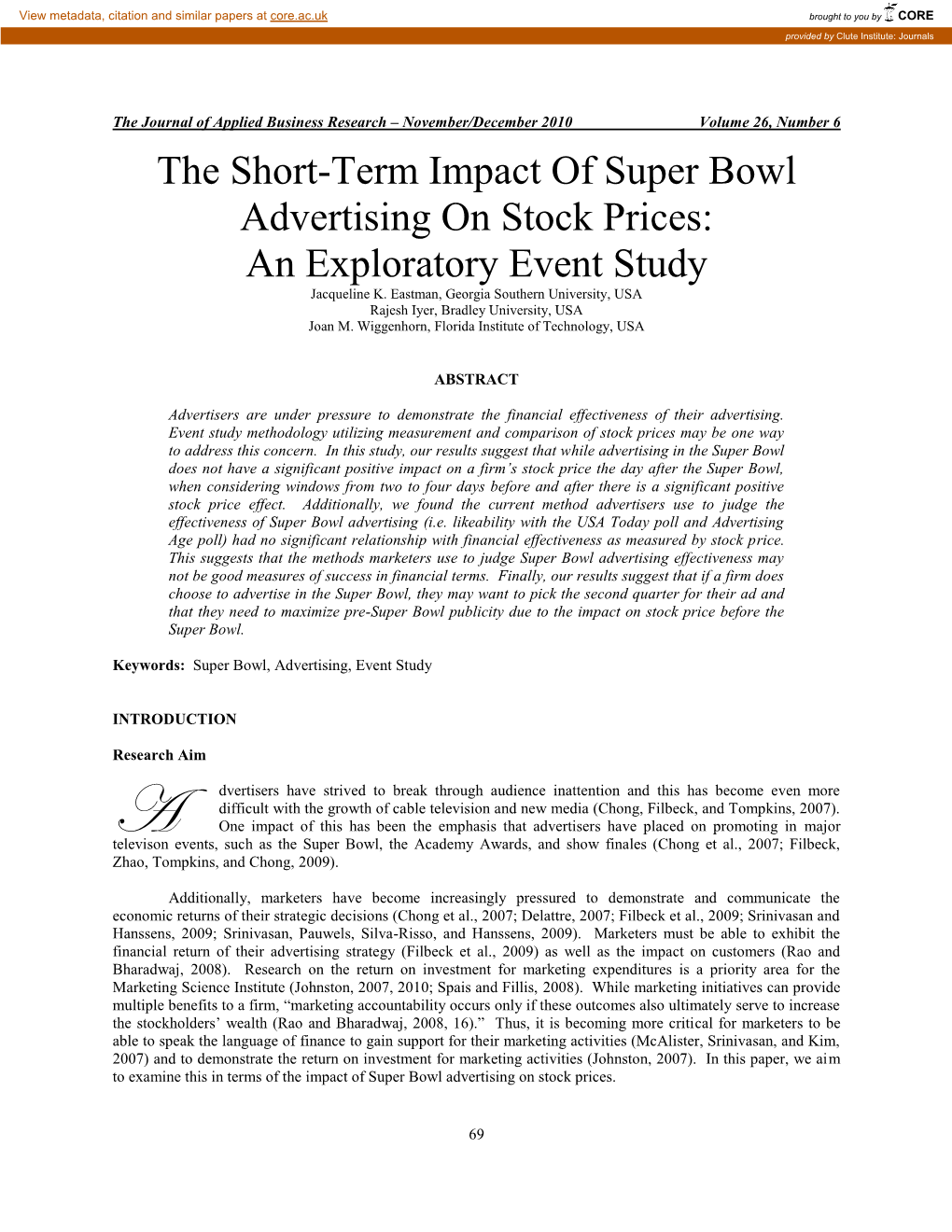 The Short-Term Impact of Superbowl Advertising on Stock Prices