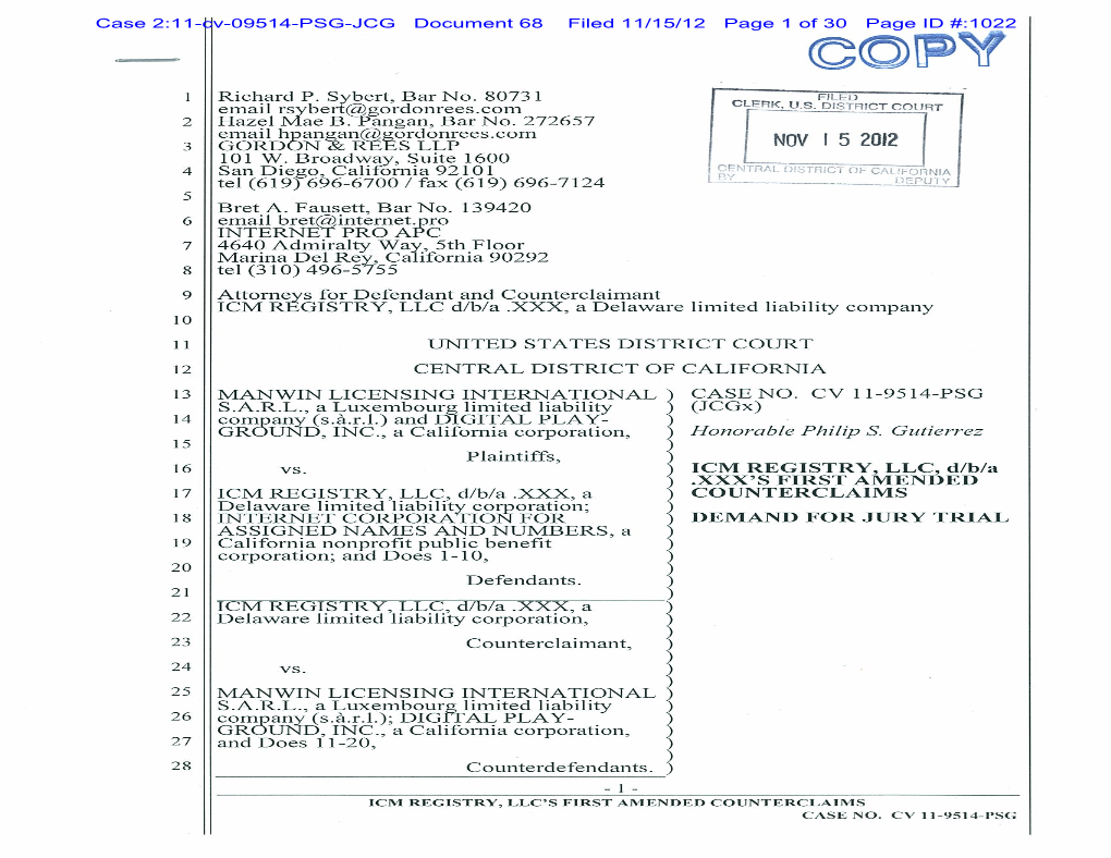 Case 2:11-Cv-09514-PSG-JCG Document 68 Filed 11/15/12 Page 1 of 30 Page ID #:1022 Case 2:11-Cv-09514-PSG-JCG Document 68 Filed 11/15/12 Page 2 of 30 Page ID #:1023